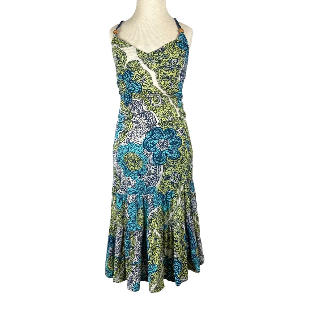 Free People Yellow Turquoise Ruffle Hem Damask Sleeveless Dress Womens Size XS